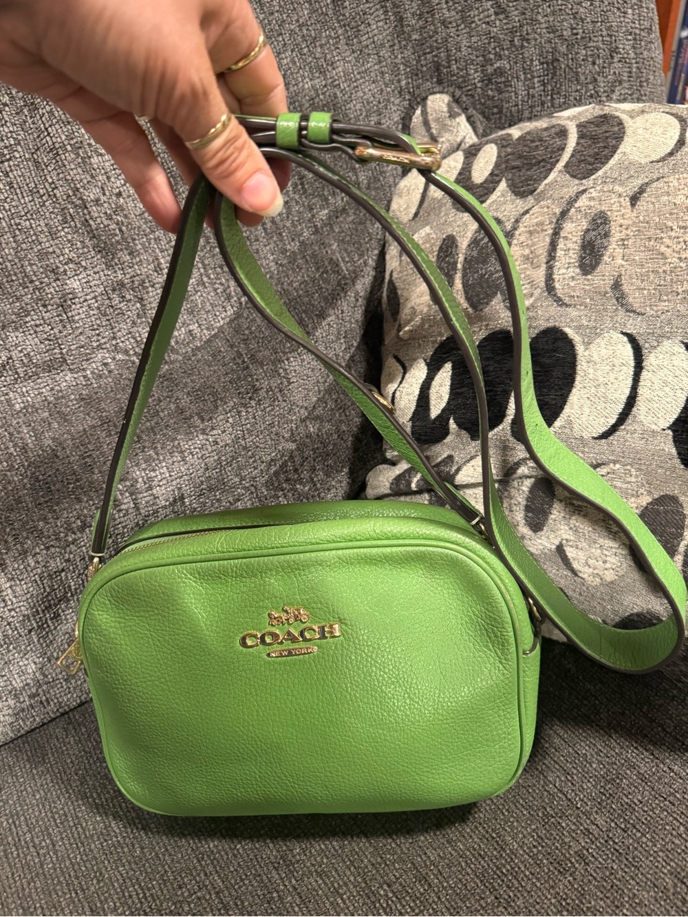 COACH Green Jamie Pebbled Leather Camera Crossbody Bag with Gold Logo